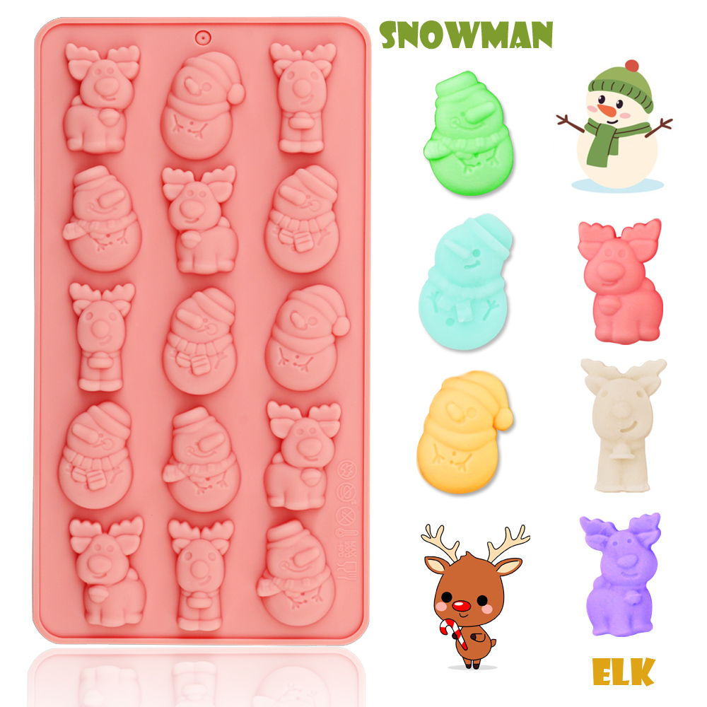 Soap Making Directions - 15個のキャビティを持つクリスマス雪だるまとトナカイのシリコン型、ホリデーベーキング用に設計されており、ムース、チョコレート、フォンダン、手作り石鹸の作りに適しています。型は食品グレードのシリコン素材で作られており、安全で無毒、耐熱性があり、型から取り出しが簡単です。 完成品は立体的で可愛く、クリスマスの飾りや贈り物として直接使用できます。