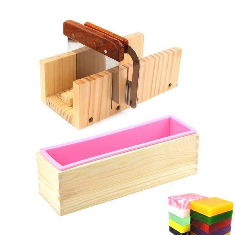 Soap Making Book - 1.2Lシリコンソープモールドキット 42オンス木製シリコンソープ長方形型 ステンレス製波型ストレートスクレーパー付き DIY製作